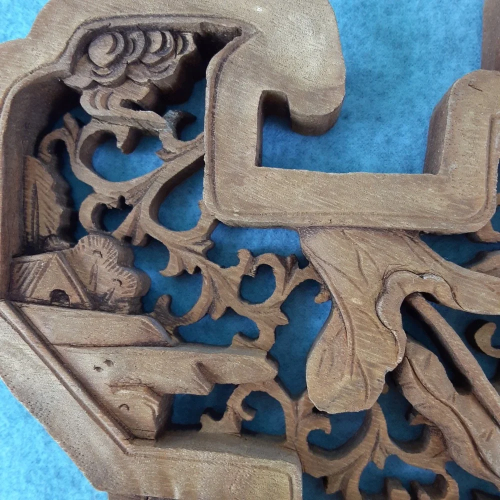 Vintage Hand Carved Wood Chinese Wall Plaque Crane Lotus Relief Art Decor 14X10